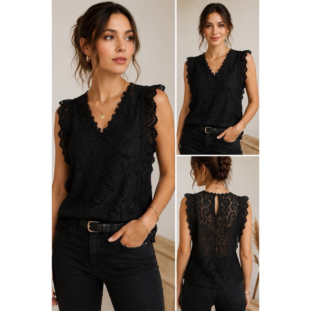 Black Floral Lace Sleeveless Top Women's Romantic Feminine Sheer Back Blouse SM